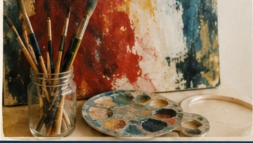 Pinceaux et palette de peinture dans un atelier
